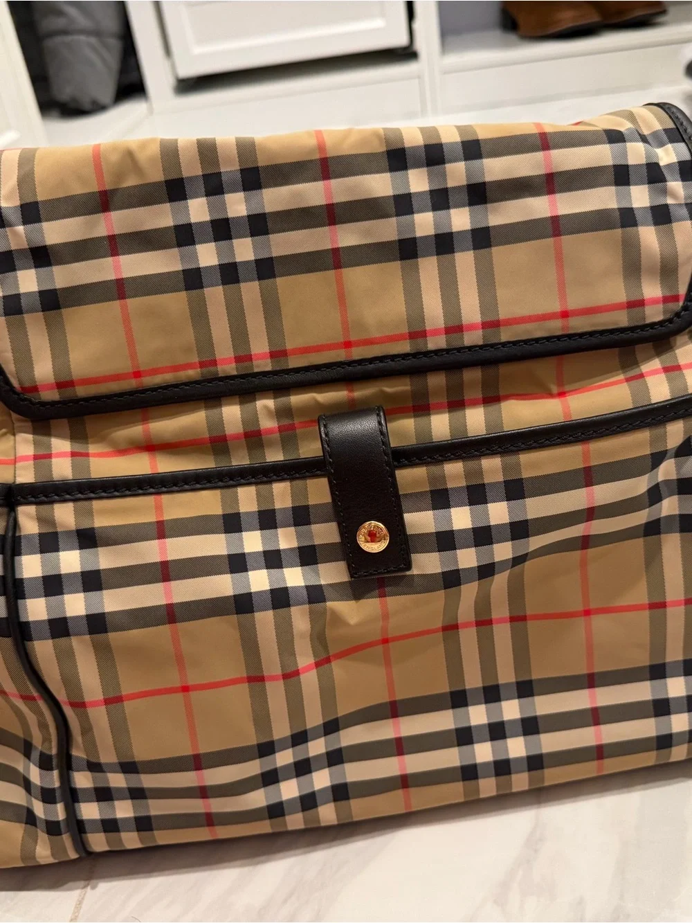 Burberry Tan Plaid Baby Messenger Bag with Black Logo
